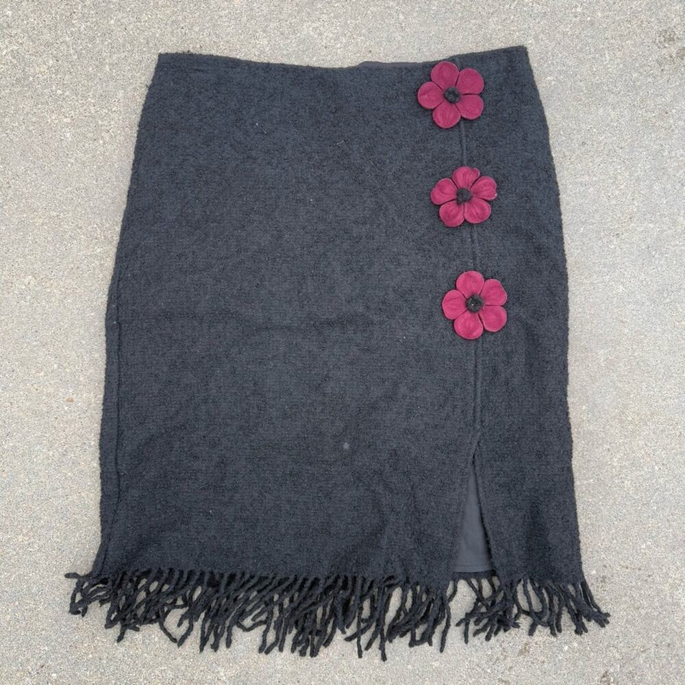 Vintage 90s Betsey Johnson Black Felted Floral Pencil Skirt Fringe Edge LARGE